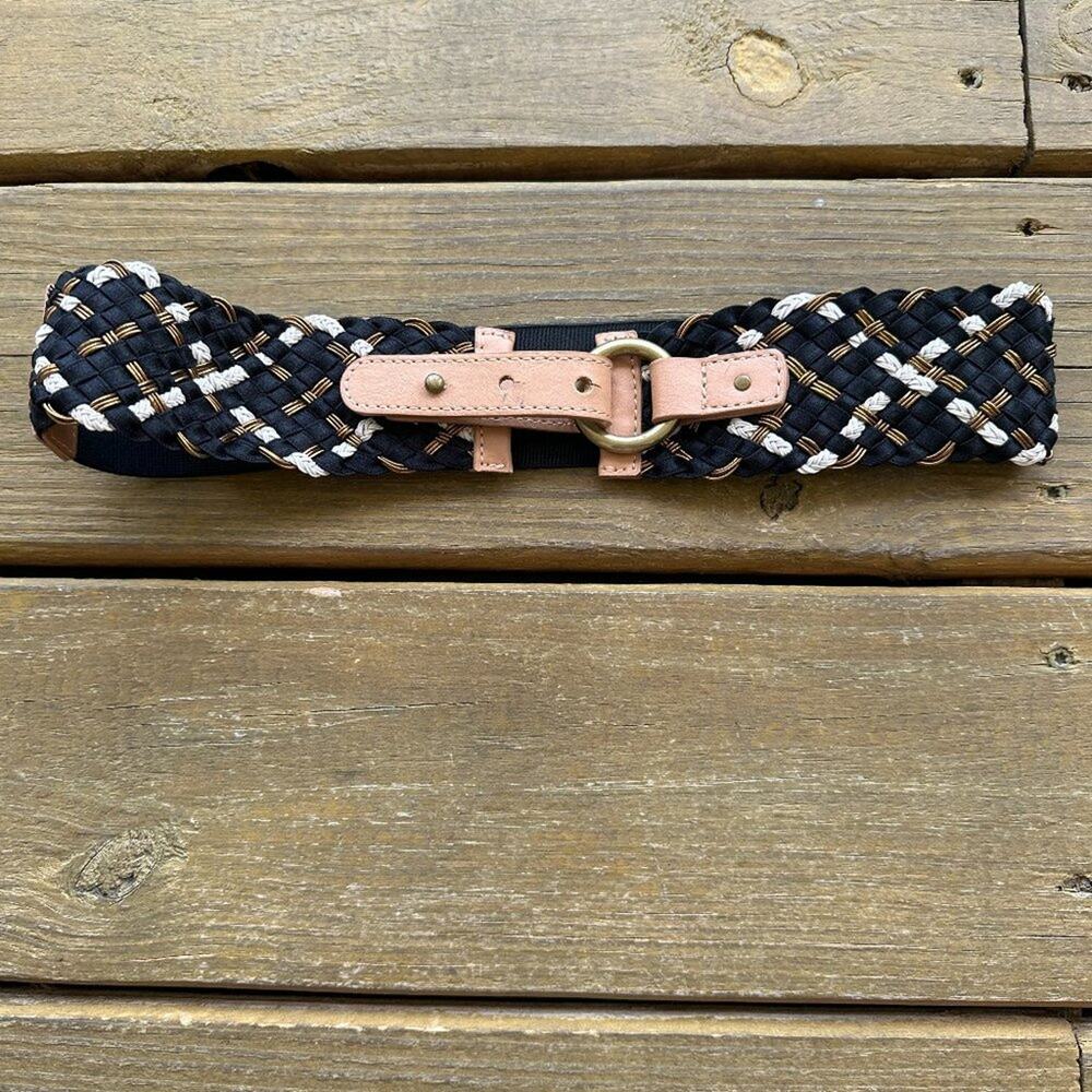 LOFT Black White Gold Stretchy Belt with Tan Accent